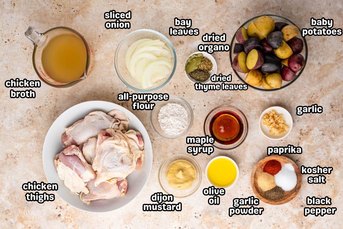 Ingredients needed to make maple dijon chicken thighs.